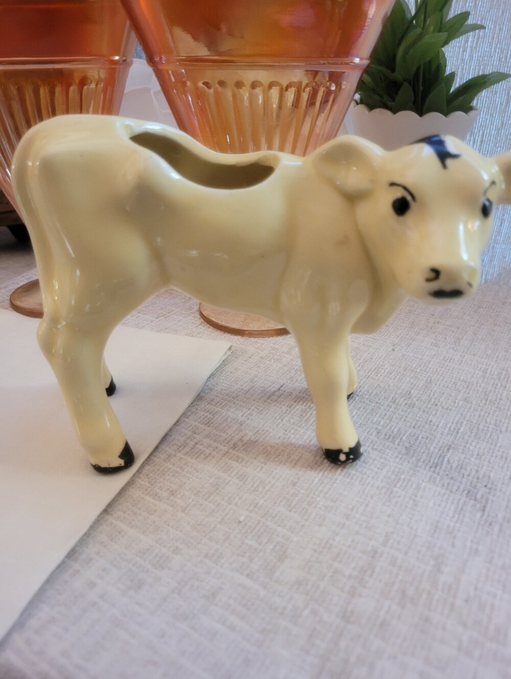 Vintage Yellow Ceramic Cow Planter Creamer Figurine - Kitsch Farmhouse Decor